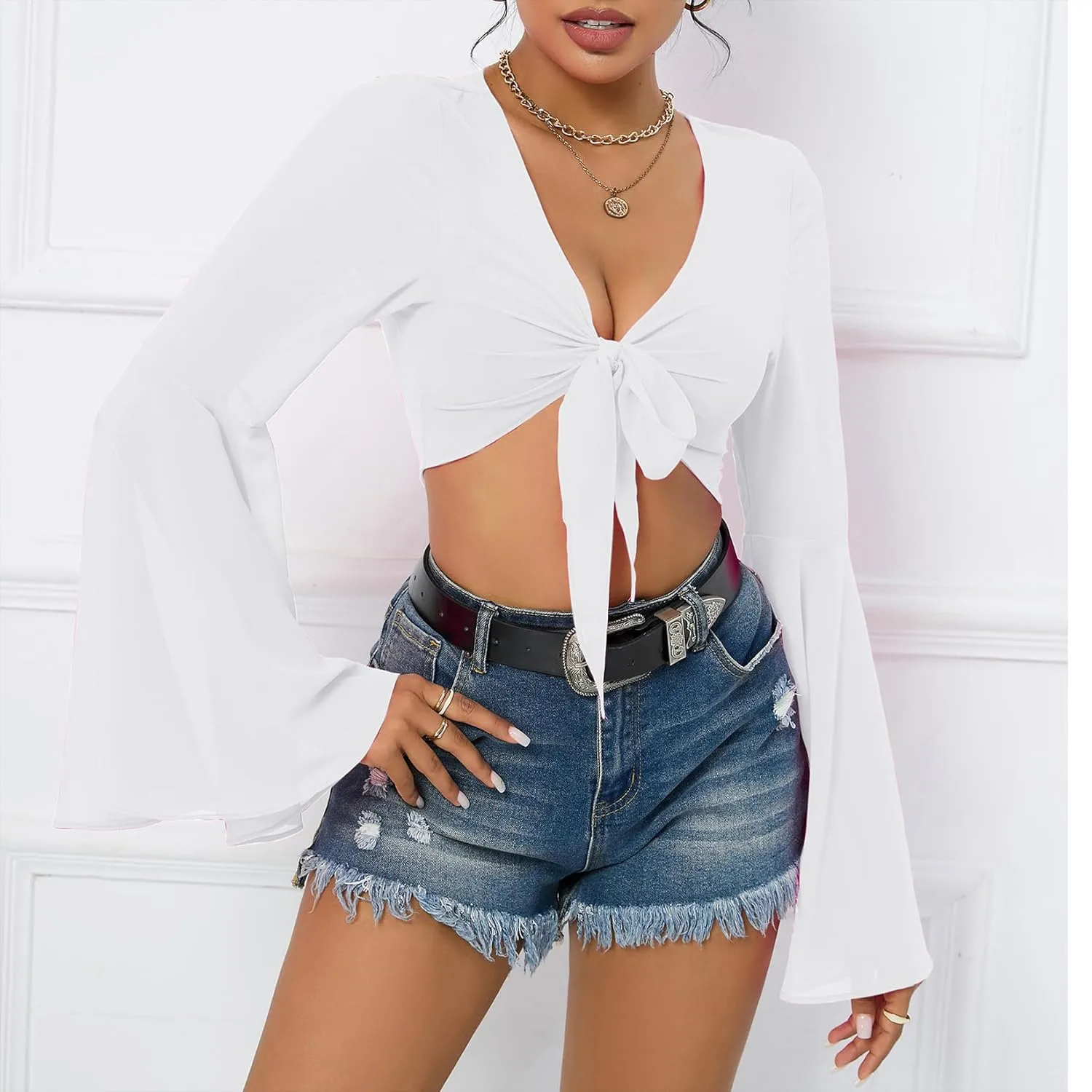 Mesh Tops for Women Bell Sleeve Rave Outfits Tie Front Crop Top Long Sleeve Shirt Sheer Blouse Festival