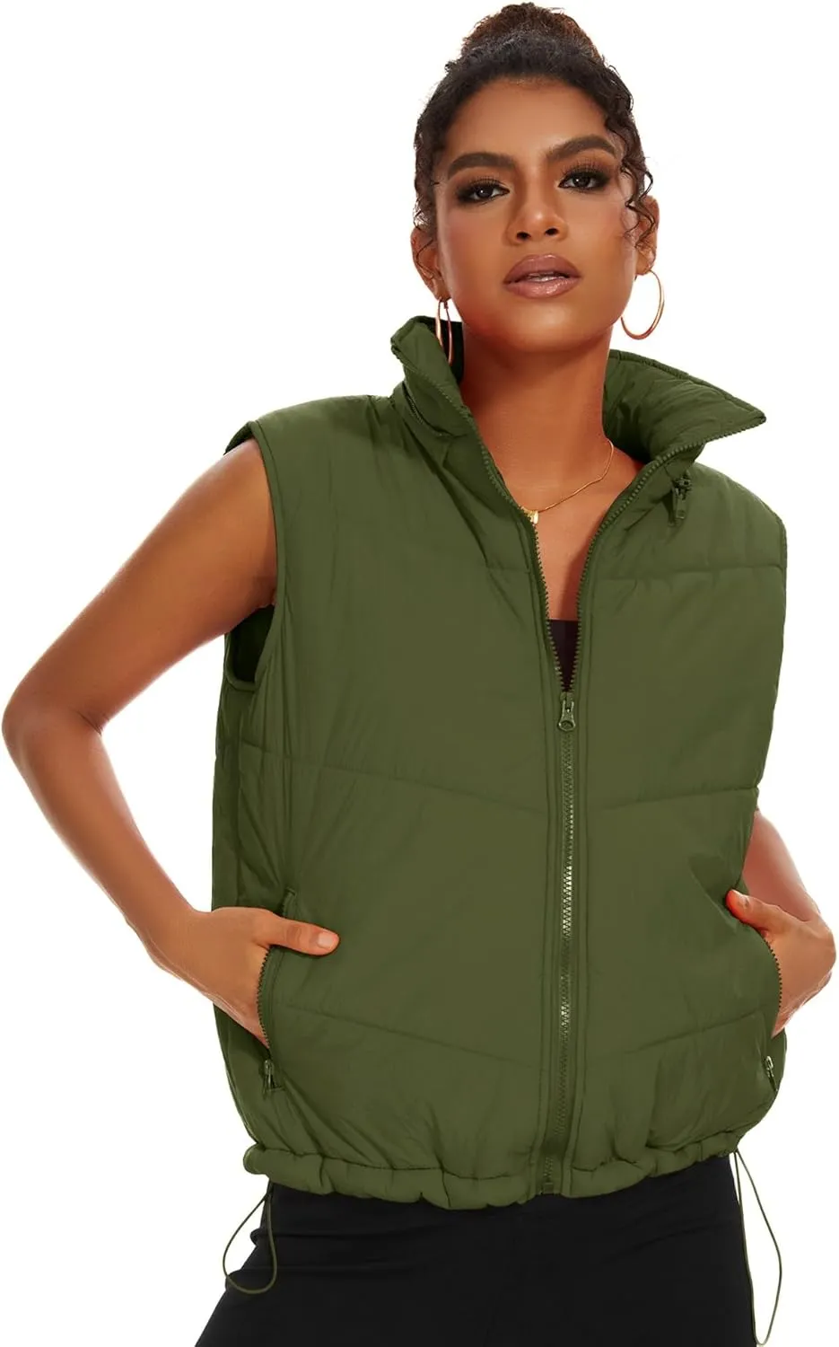 Micoson Puffer Vests for Women Winter Sleeveless Hooded Jacket Quilted Zip Up Stand Collar Gilet with Pocket Loose Fit