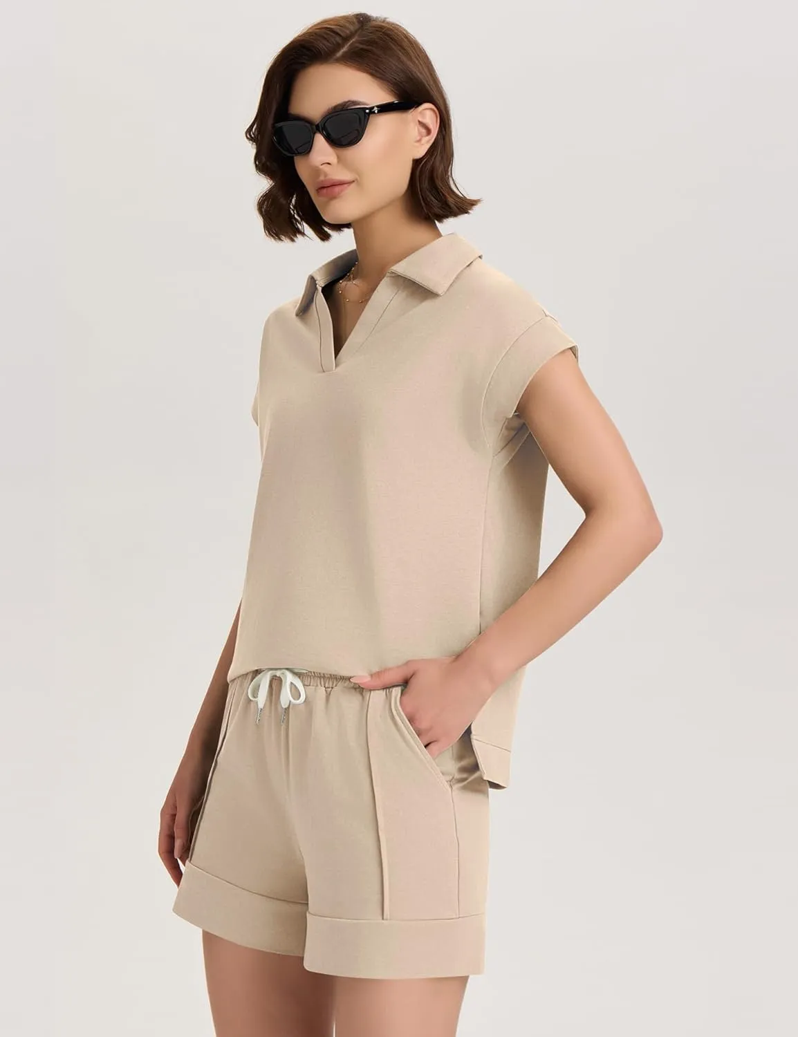 Micoson Womens Two Piece Sets Summer V Neck Short Sets Cap Sleeve Top and Drawstring Shorts with Pockets
