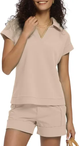 Micoson Womens Two Piece Sets Summer V Neck Short Sets Cap Sleeve Top and Drawstring Shorts with Pockets