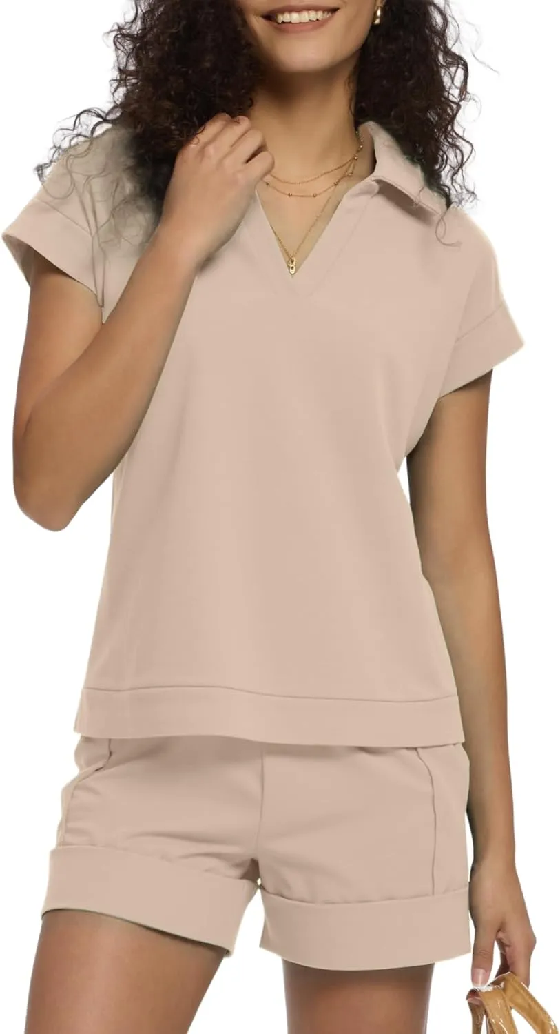 Micoson Womens Two Piece Sets Summer V Neck Short Sets Cap Sleeve Top and Drawstring Shorts with Pockets