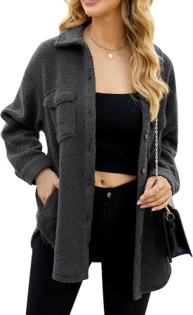 MISSKY Fleece Jacket Long Sleeve Button Casual Sherpa Jacket Coat Fall Teddy Bear Outwear with Pockets