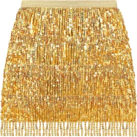 MYMORE Womens Sparkly Sequin Fringe Skirt - Black Rave Concert Disco Space Cowgirl Outfit Glitter Tassel Mini Skirts