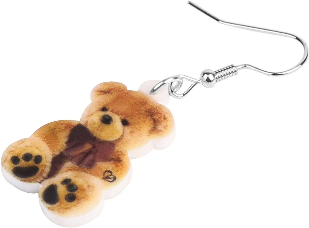 NEWEI Cute Acrylic Fuzzy Doll Bear Earrings 2D Print Dangle Jewelry for Women Funny Accessories Gifts Charm