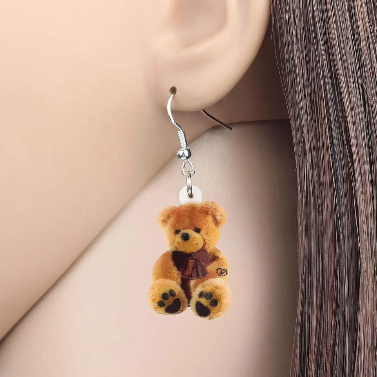 NEWEI Cute Acrylic Fuzzy Doll Bear Earrings 2D Print Dangle Jewelry for Women Funny Accessories Gifts Charm