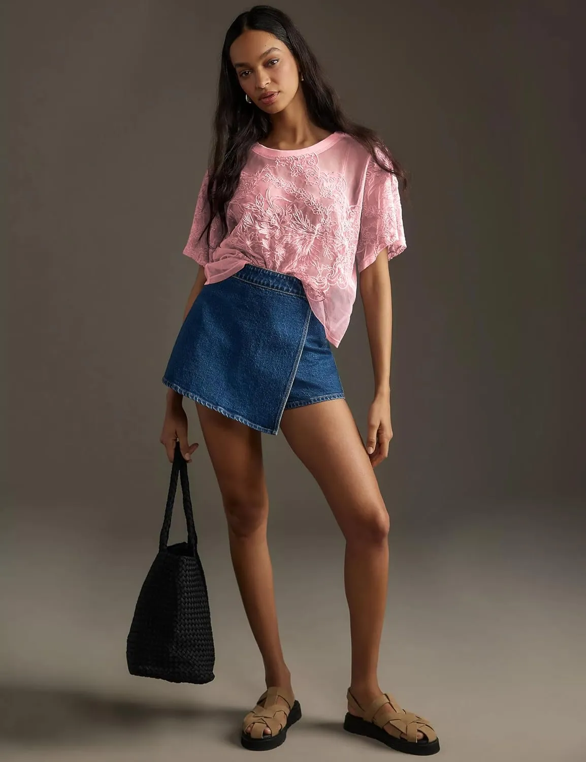OPCAKM Women's Mesh Tops Y2K Short Sleeve Sheer Lace Embroidered Shirts Layering See Through Blouse