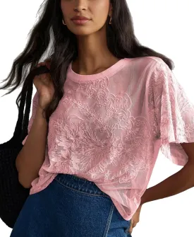 OPCAKM Women's Mesh Tops Y2K Short Sleeve Sheer Lace Embroidered Shirts Layering See Through Blouse