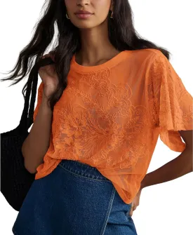 OPCAKM Women's Mesh Tops Y2K Short Sleeve Sheer Lace Embroidered Shirts Layering See Through Blouse