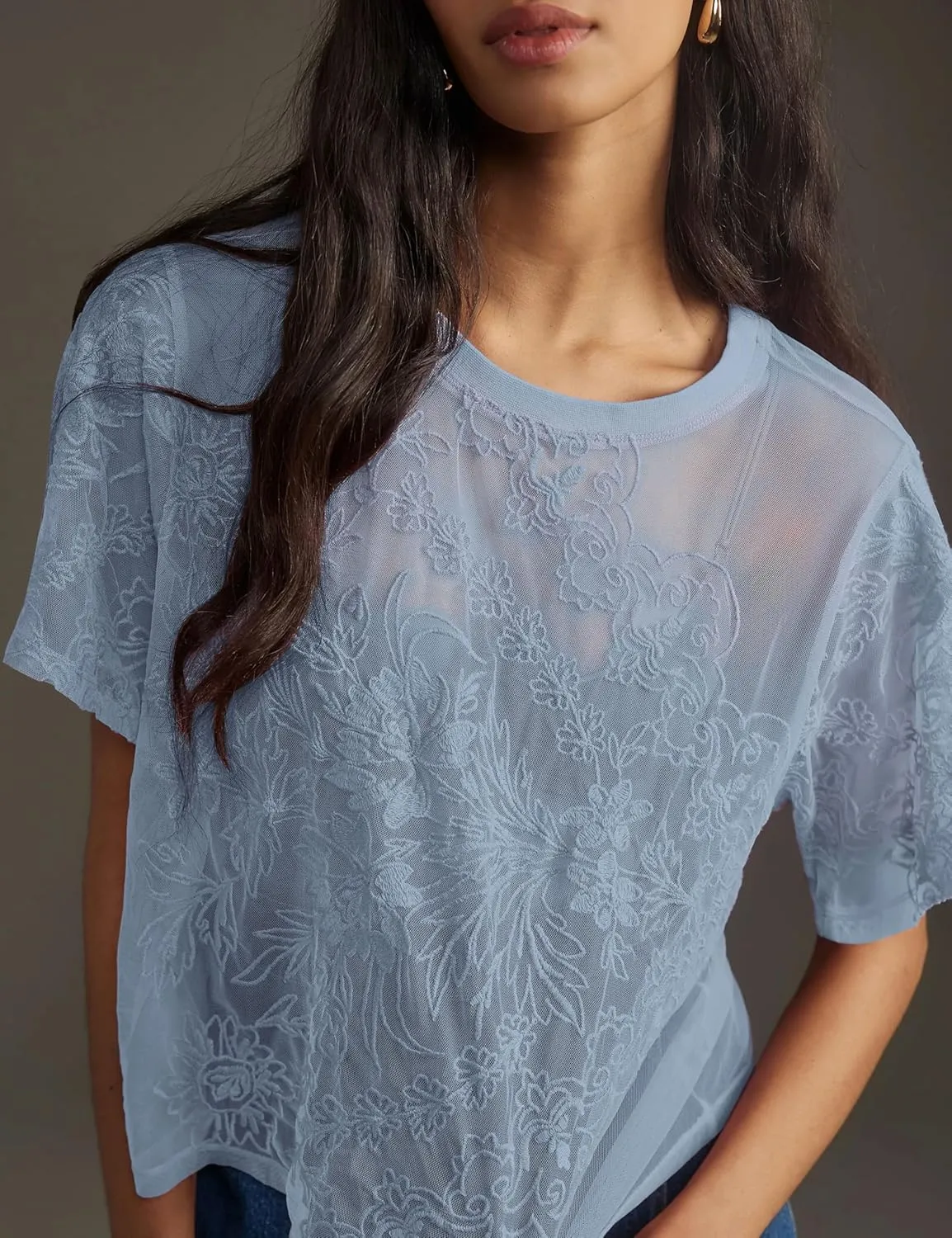 OPCAKM Women's Mesh Tops Y2K Short Sleeve Sheer Lace Embroidered Shirts Layering See Through Blouse