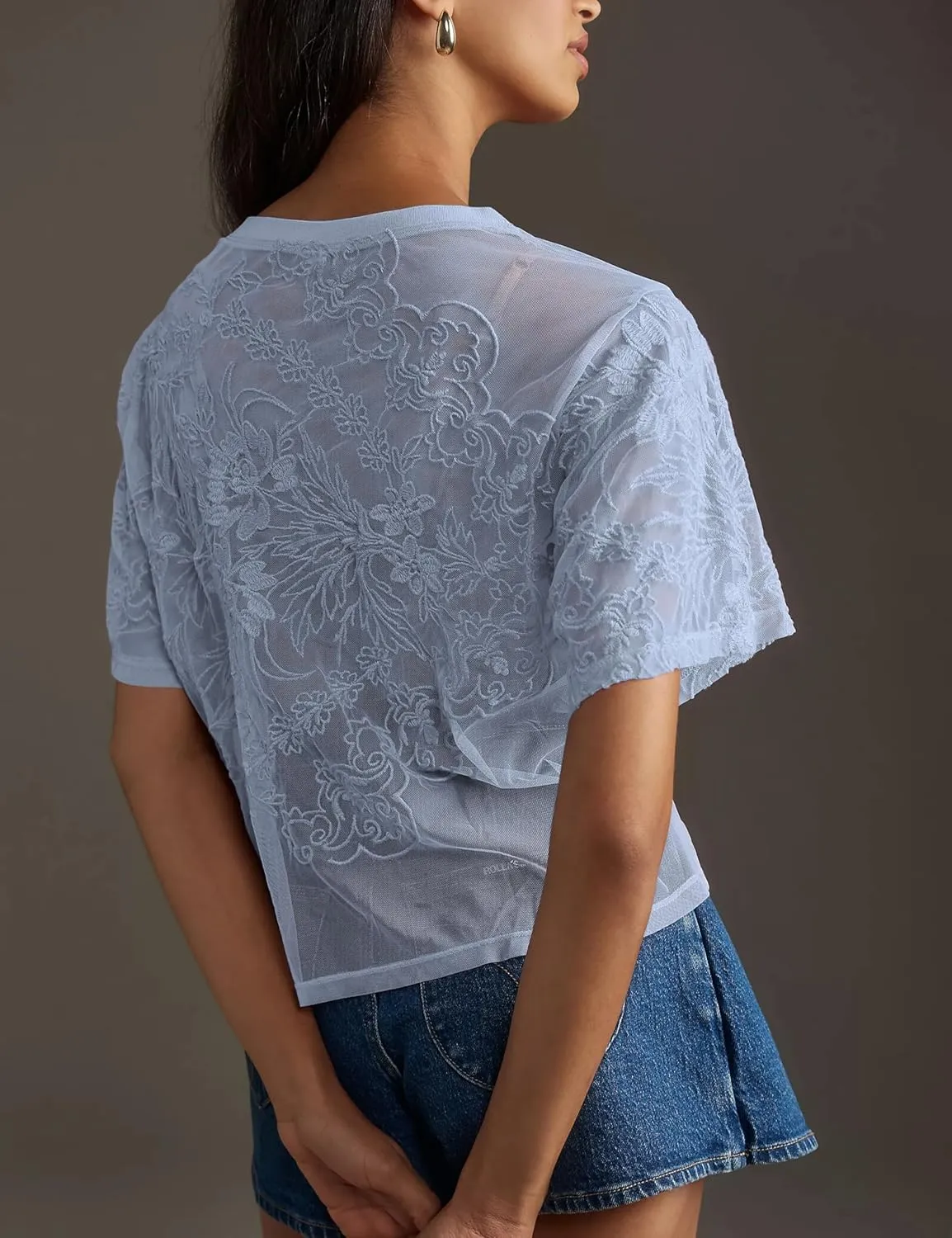 OPCAKM Women's Mesh Tops Y2K Short Sleeve Sheer Lace Embroidered Shirts Layering See Through Blouse
