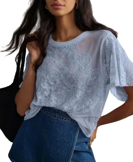 OPCAKM Women's Mesh Tops Y2K Short Sleeve Sheer Lace Embroidered Shirts Layering See Through Blouse