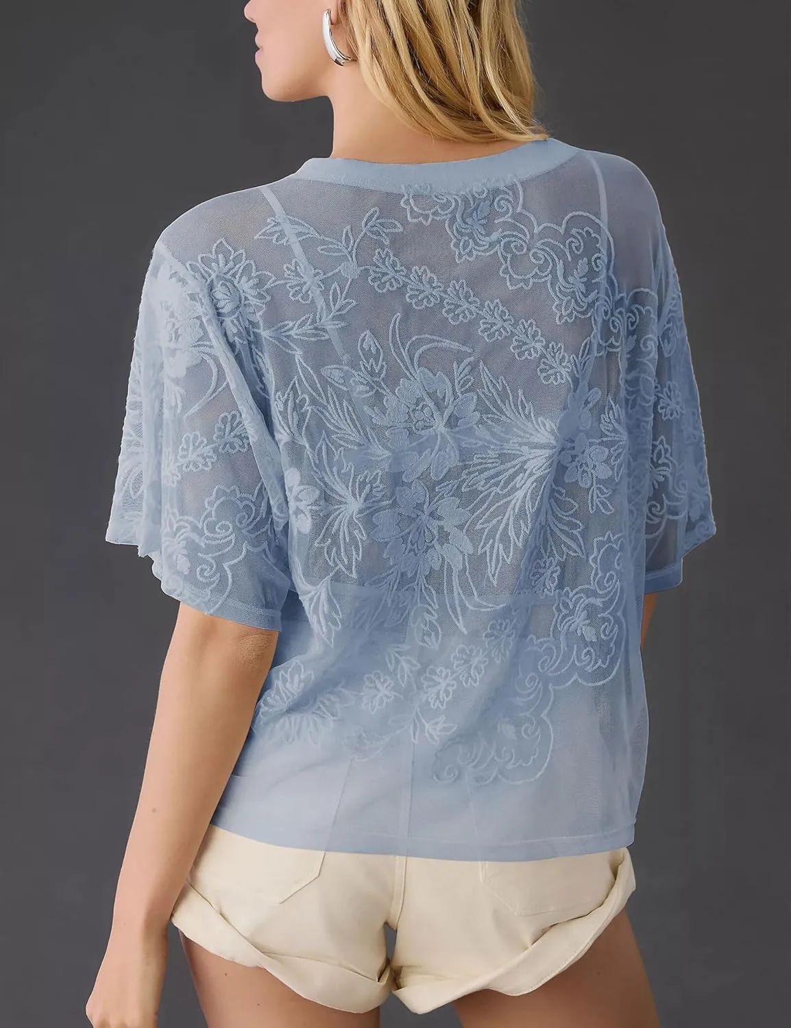 OPCAKM Women's Mesh Tops Y2K Short Sleeve Sheer Lace Embroidered Shirts Layering See Through Blouse