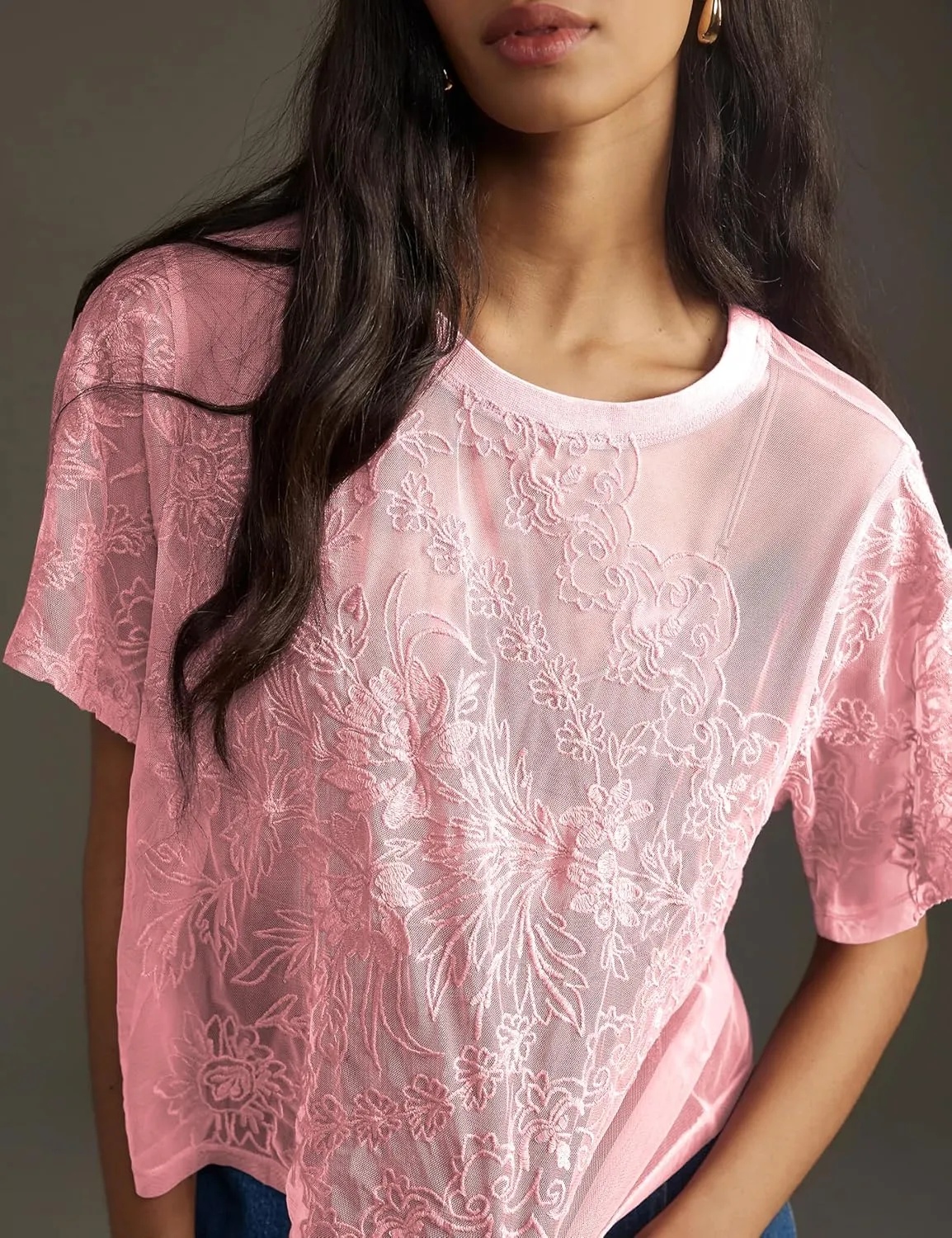 OPCAKM Women's Mesh Tops Y2K Short Sleeve Sheer Lace Embroidered Shirts Layering See Through Blouse