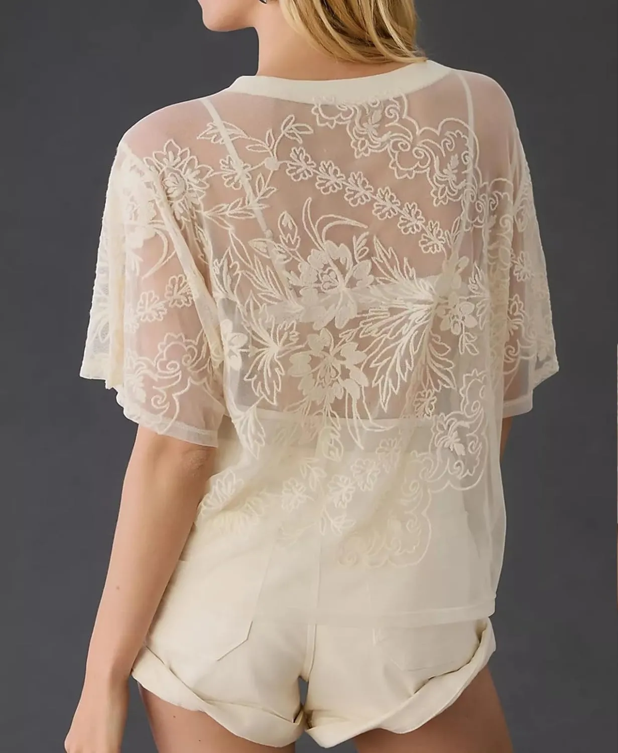 OPCAKM Women's Mesh Tops Y2K Short Sleeve Sheer Lace Embroidered Shirts Layering See Through Blouse
