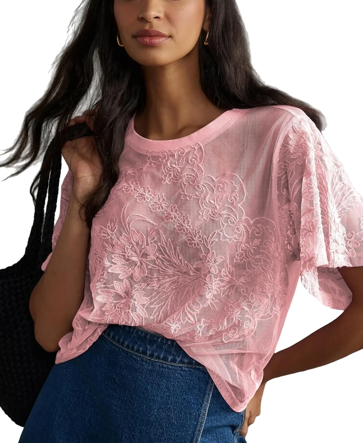 OPCAKM Women's Mesh Tops Y2K Short Sleeve Sheer Lace Embroidered Shirts Layering See Through Blouse