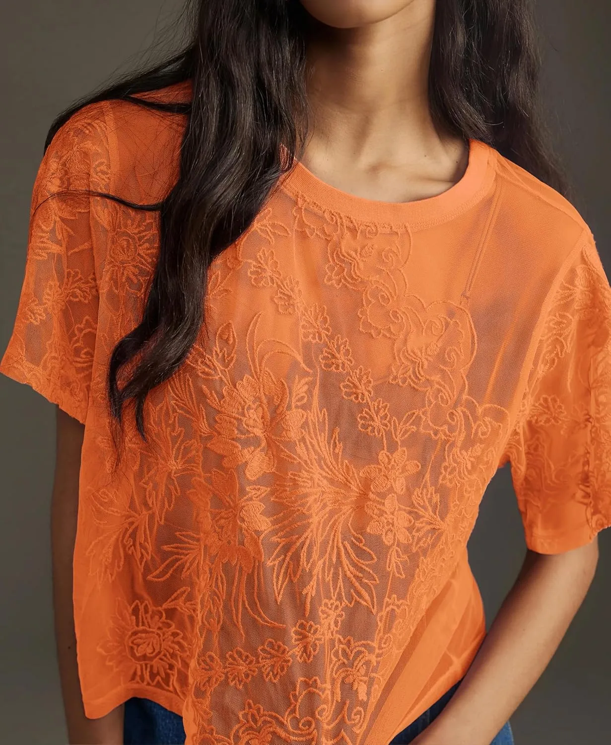 OPCAKM Women's Mesh Tops Y2K Short Sleeve Sheer Lace Embroidered Shirts Layering See Through Blouse