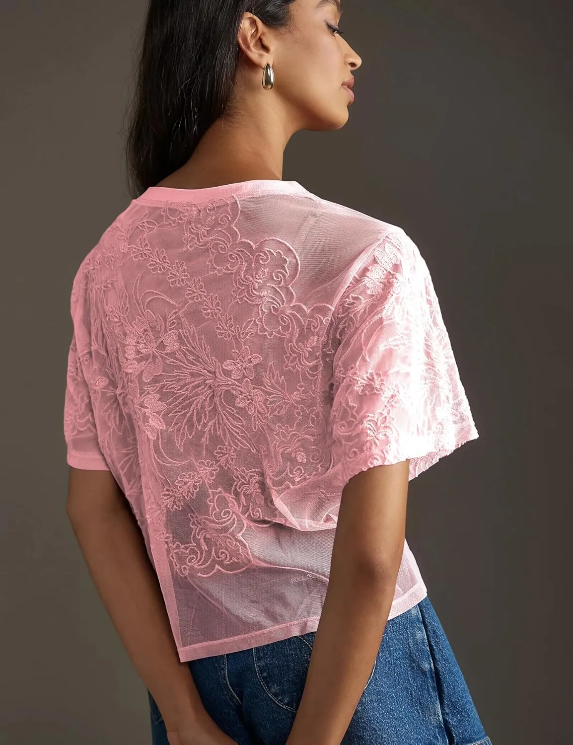 OPCAKM Women's Mesh Tops Y2K Short Sleeve Sheer Lace Embroidered Shirts Layering See Through Blouse
