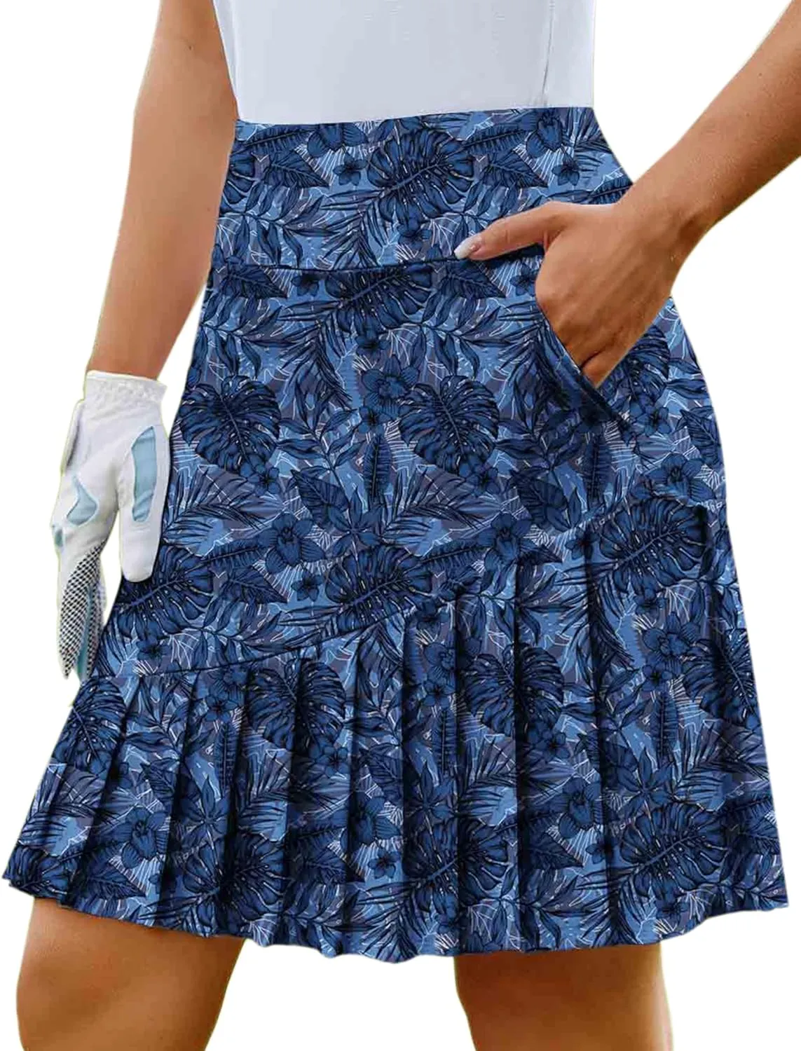 PINSPARK Golf Skirts for Women 20" Knee Length Skorts Pleated Tennis Skirts with Shorts Tummy Control Casual Modest Skirts
