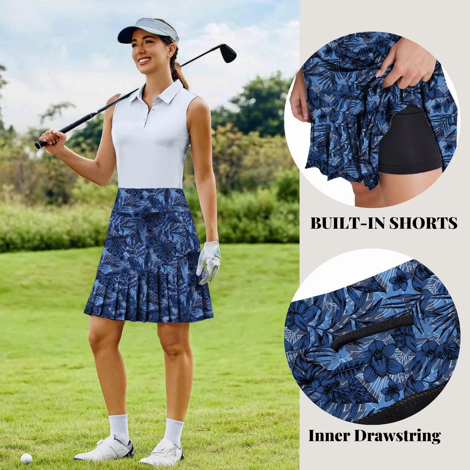 PINSPARK Golf Skirts for Women 20" Knee Length Skorts Pleated Tennis Skirts with Shorts Tummy Control Casual Modest Skirts