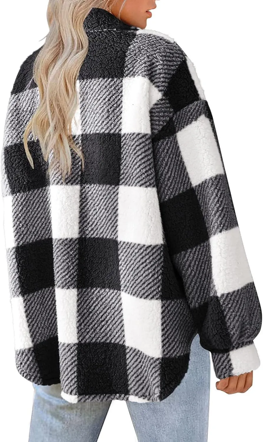 Plaid Flannel Shacket Women Button Down Plus Size Sherpa Fleece Shirt Jacket Long Sleeve Warm Fuzzy Teddy Coats