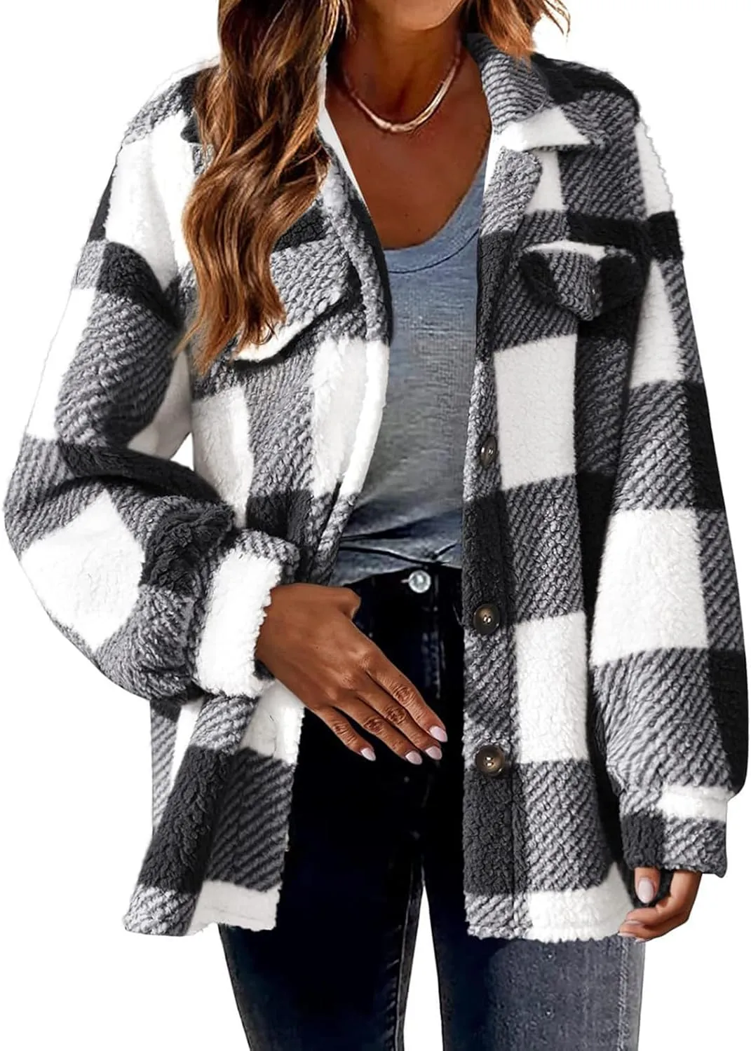 Plaid Flannel Shacket Women Button Down Plus Size Sherpa Fleece Shirt Jacket Long Sleeve Warm Fuzzy Teddy Coats