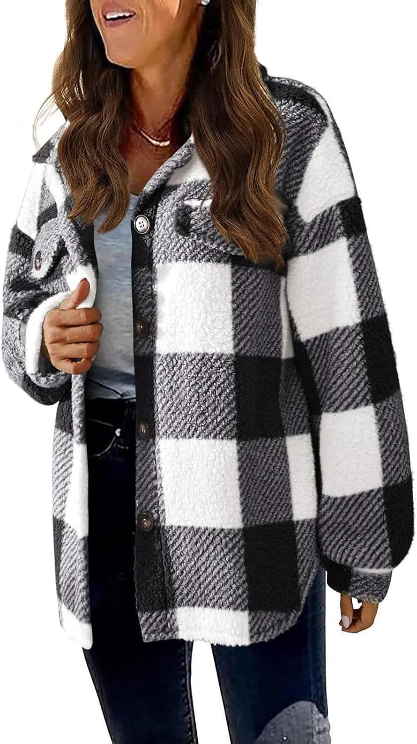 Plaid Flannel Shacket Women Button Down Plus Size Sherpa Fleece Shirt Jacket Long Sleeve Warm Fuzzy Teddy Coats