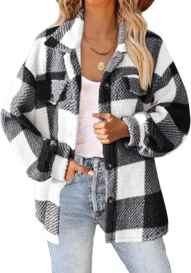 Plaid Flannel Shacket Women Button Down Plus Size Sherpa Fleece Shirt Jacket Long Sleeve Warm Fuzzy Teddy Coats