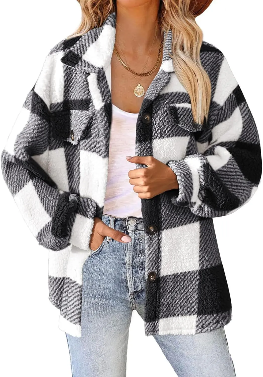 Plaid Flannel Shacket Women Button Down Plus Size Sherpa Fleece Shirt Jacket Long Sleeve Warm Fuzzy Teddy Coats