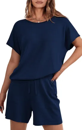 PRETTYGARDEN Two Piece Set For Women Summer Lounge Sets Shorts And Short Sleeve Tops Knitted Matching Travel Spring Outfits