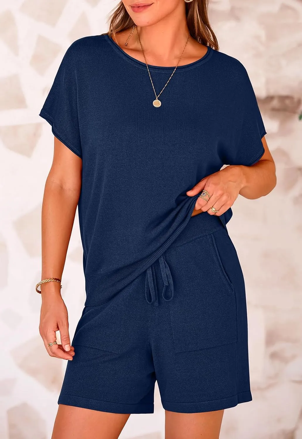 PRETTYGARDEN Two Piece Set For Women Summer Lounge Sets Shorts And Short Sleeve Tops Knitted Matching Travel Spring Outfits