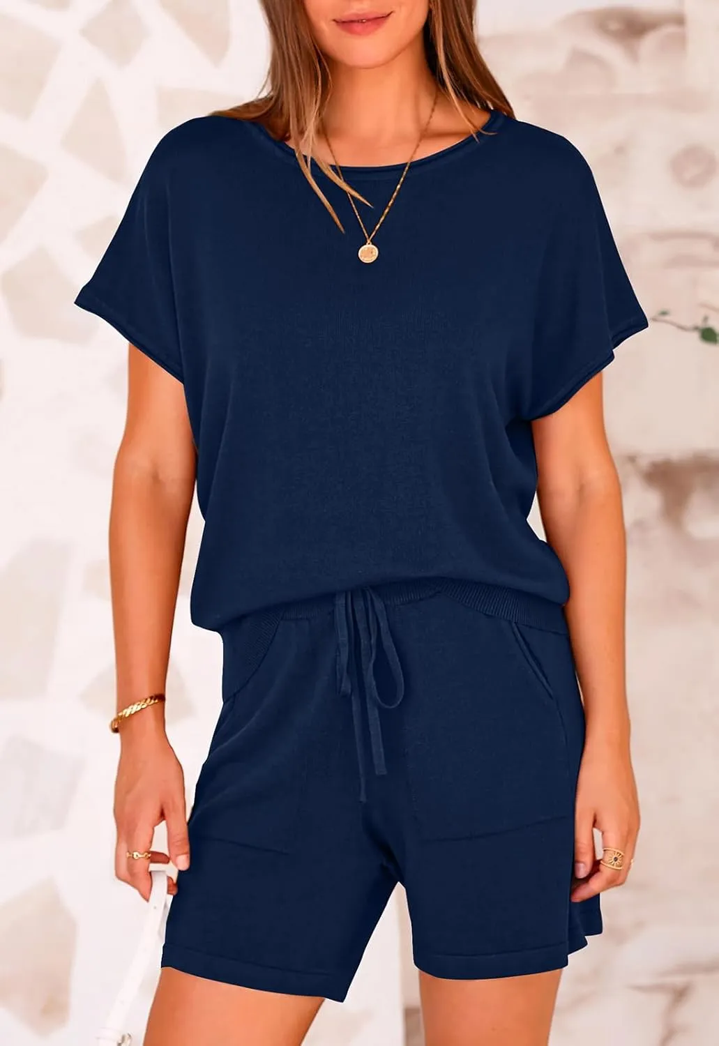 PRETTYGARDEN Two Piece Set For Women Summer Lounge Sets Shorts And Short Sleeve Tops Knitted Matching Travel Spring Outfits