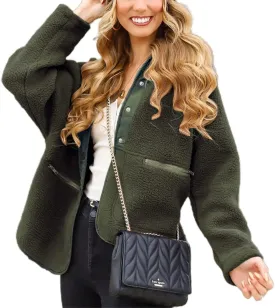 PRETTYGARDEN Women 2024 Fall Winter Fleece Jacket Long Sleeve Casual Button Fuzzy Sherpa Cropped Coats Outerwear with Pockets