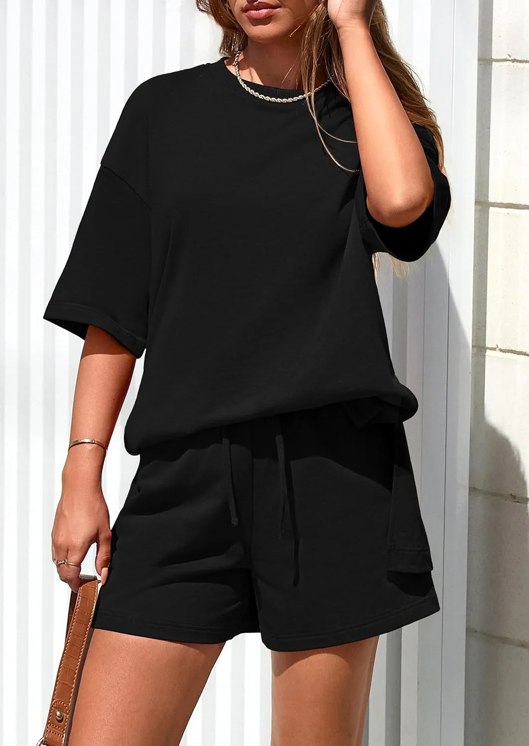 PRETTYGARDEN Women's 2 Piece Lounge Sets 2025 Summer Short Sleeve Tunic Tops Drawstring Shorts Matching Outfits Tracksuits