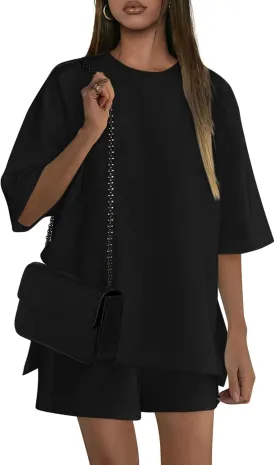 PRETTYGARDEN Women's 2 Piece Lounge Sets 2025 Summer Short Sleeve Tunic Tops Drawstring Shorts Matching Outfits Tracksuits