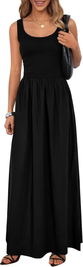 PRETTYGARDEN Womens Summer Casual Scoop Neck Sleeveless Long Dresses Tank Top Patchwork Aline Swing Maxi Dress with Pockets