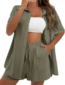 QIBABU Women's Linen Shorts Sets 2 Piece Summer Short Sleeve Top and Shorts Sweatsuit Set Vacation Beach Outfits