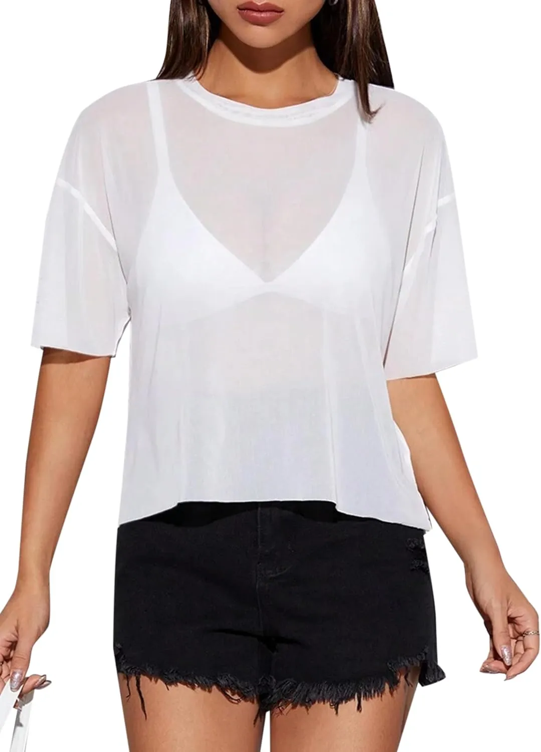 Remidoo Womens Sheer Mesh Tops Short Sleeve Crop Top Crewneck Loose T Shirt