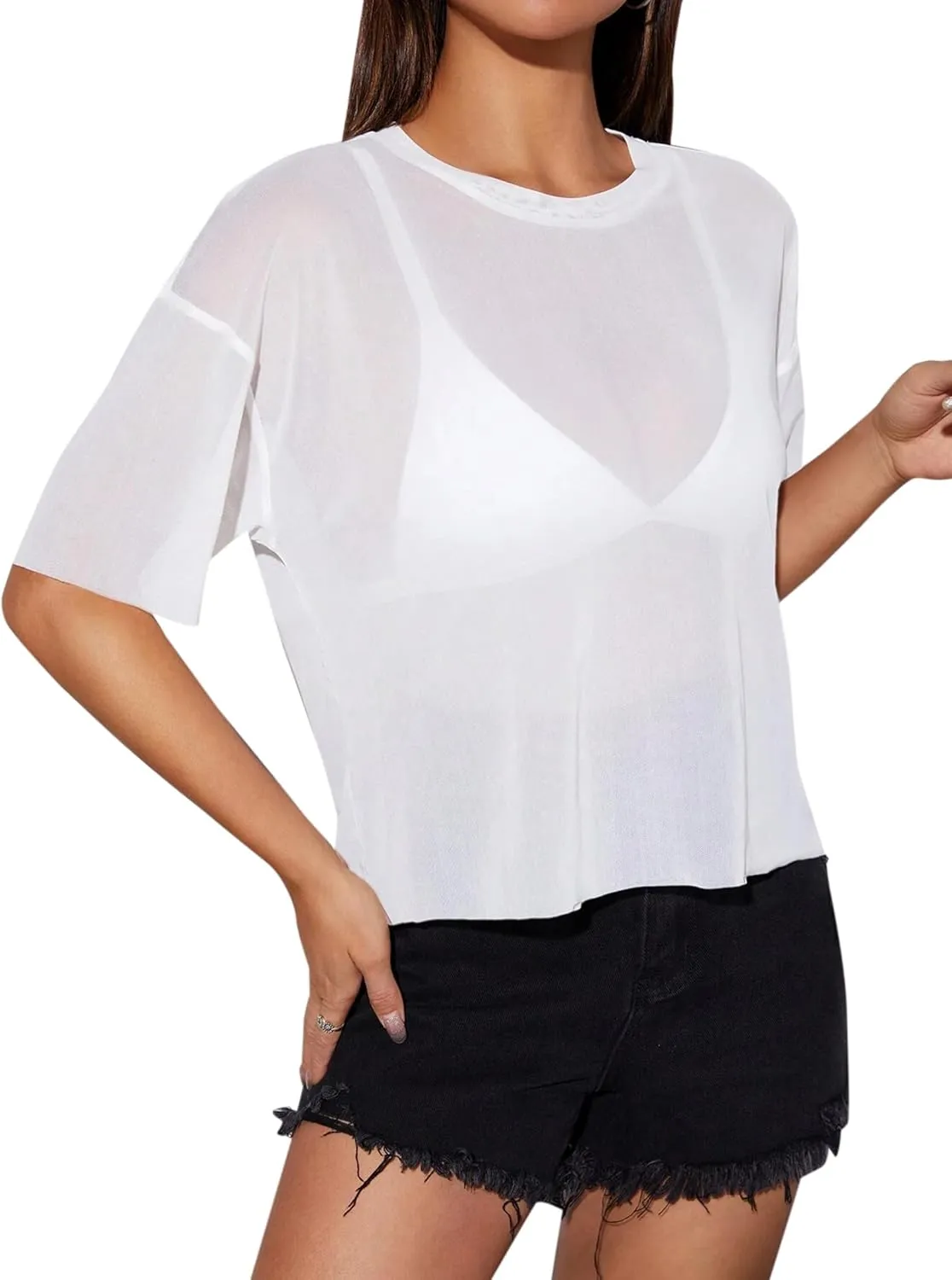 Remidoo Womens Sheer Mesh Tops Short Sleeve Crop Top Crewneck Loose T Shirt