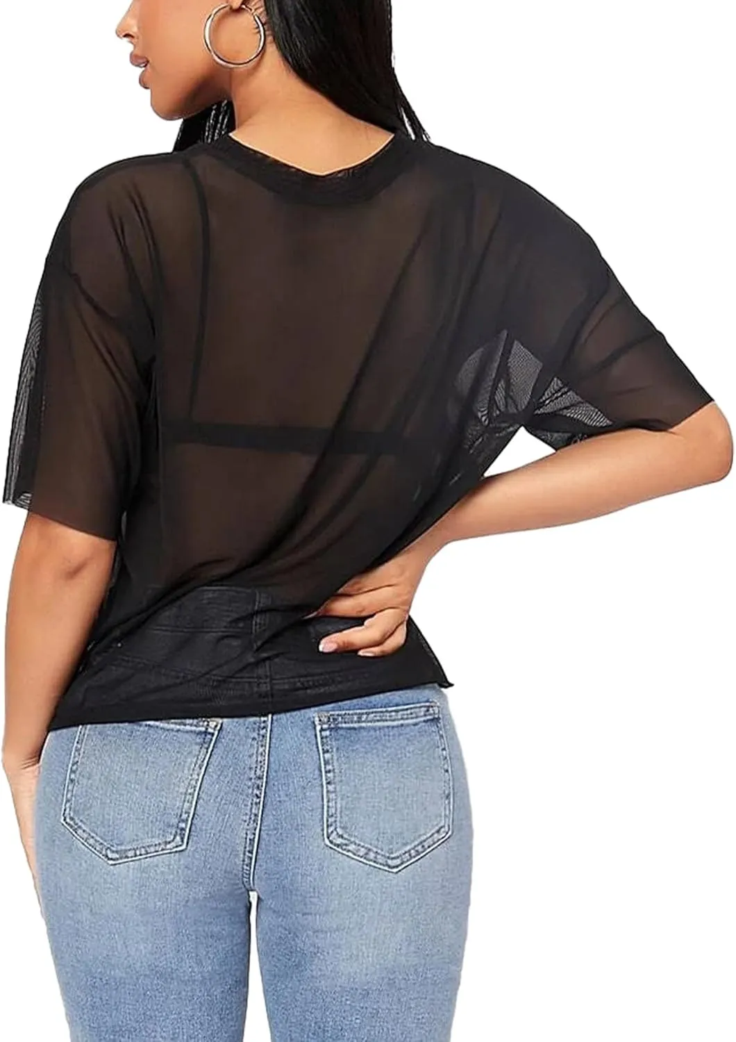 Remidoo Womens Sheer Mesh Tops Short Sleeve Crop Top Crewneck Loose T Shirt