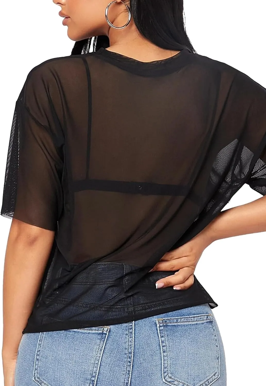 Remidoo Womens Sheer Mesh Tops Short Sleeve Crop Top Crewneck Loose T Shirt