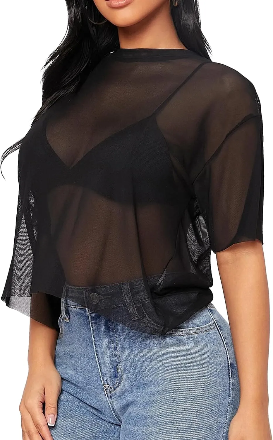 Remidoo Womens Sheer Mesh Tops Short Sleeve Crop Top Crewneck Loose T Shirt