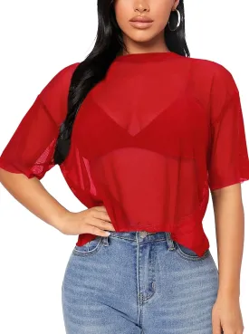 Remidoo Womens Sheer Mesh Tops Short Sleeve Crop Top Crewneck Loose T Shirt