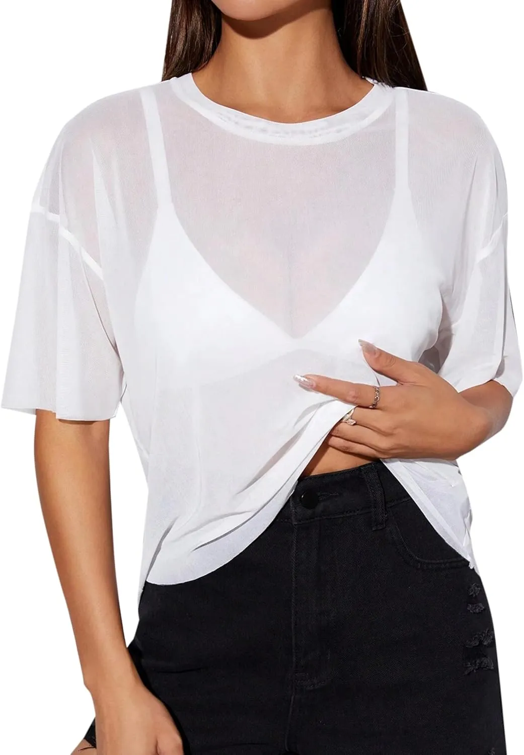 Remidoo Womens Sheer Mesh Tops Short Sleeve Crop Top Crewneck Loose T Shirt