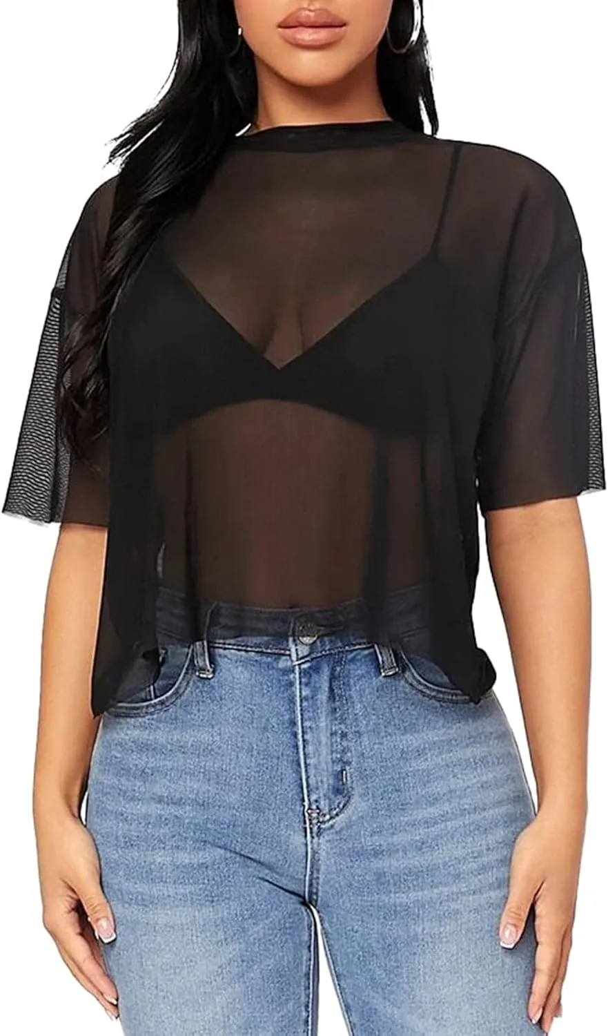 Remidoo Womens Sheer Mesh Tops Short Sleeve Crop Top Crewneck Loose T Shirt