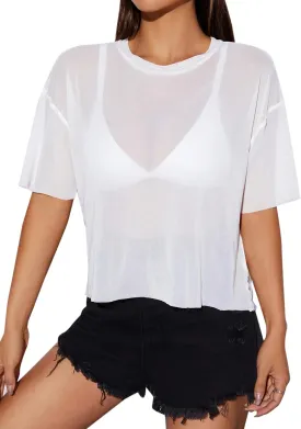 Remidoo Womens Sheer Mesh Tops Short Sleeve Crop Top Crewneck Loose T Shirt