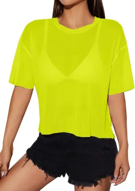 Remidoo Womens Sheer Mesh Tops Short Sleeve Crop Top Crewneck Loose T Shirt