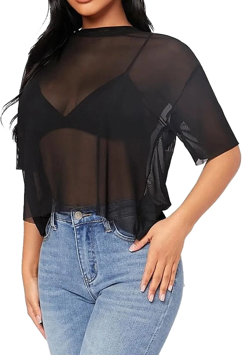 Remidoo Womens Sheer Mesh Tops Short Sleeve Crop Top Crewneck Loose T Shirt