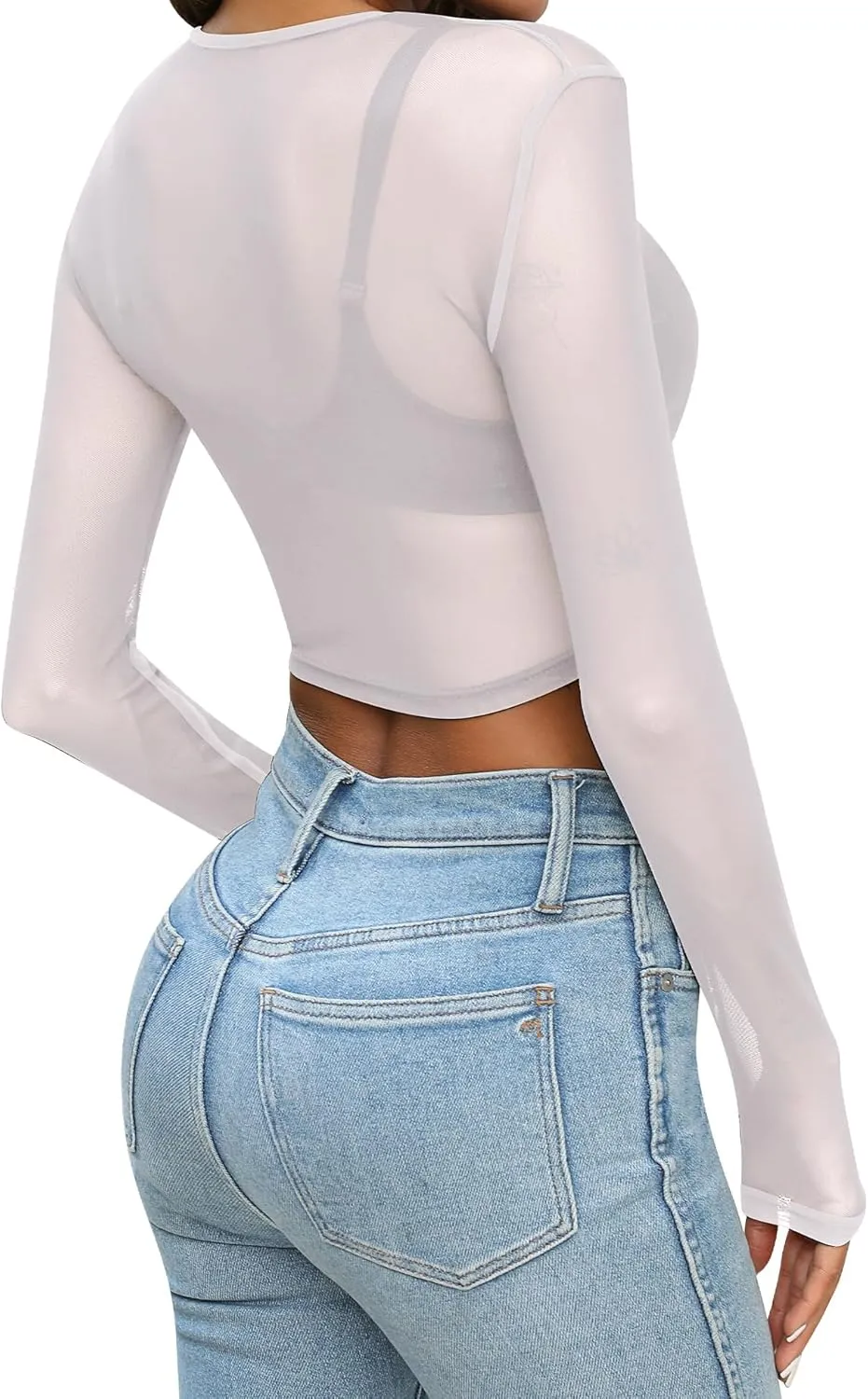 Riyiper 3 Pcs Women's Sheer Mesh Tops Long Sleeve Sheer Blouse See Through Tee Shirt Blouse O Neck Slim Fit Crop Top