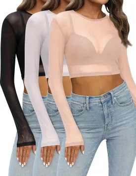 Riyiper 3 Pcs Women's Sheer Mesh Tops Long Sleeve Sheer Blouse See Through Tee Shirt Blouse O Neck Slim Fit Crop Top