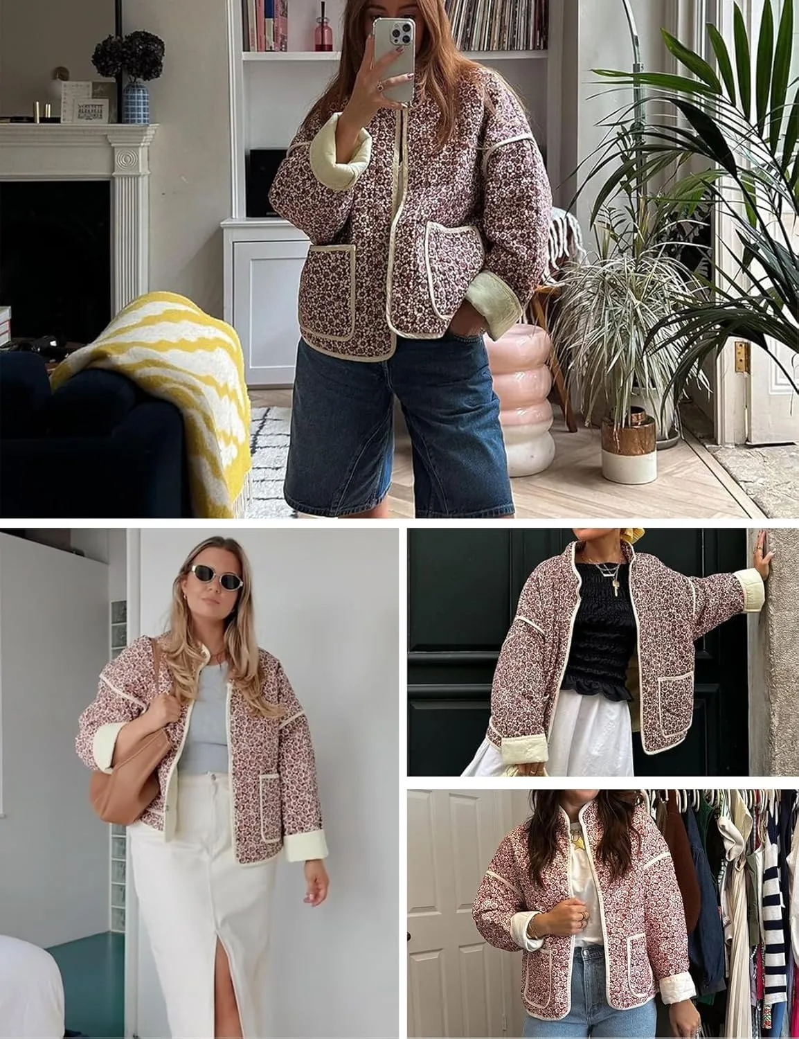 ROJZR Women's Cropped Puffer Quilted Jacket Lightweight Floral Printed Open Front Padded Cardigan Coat Outwear